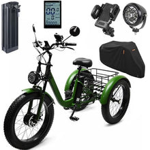 Laden Sie das Bild in den Galerie-Viewer, ZRLYbau Elektro Dreirad Für Erwachsene 24 Zoll 7 Gang Fat Tire E-Trike Mit Korb Grün