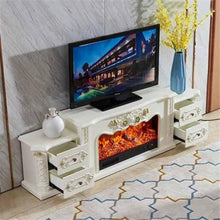 Laden Sie das Bild in den Galerie-Viewer, 80 Zoll Elfenbeinfarbener TV-Ständer Mit Elektrischem Kaminofen Extra Groß