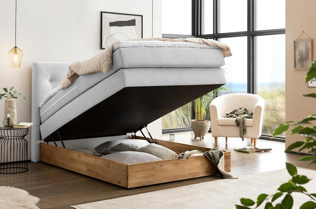 Belanoti Marbo Boxspringbett 140x200 Mit Bettkasten 7-Zonen Taschenfederkern Matratze Visco Topper Weißgrau H2/H3