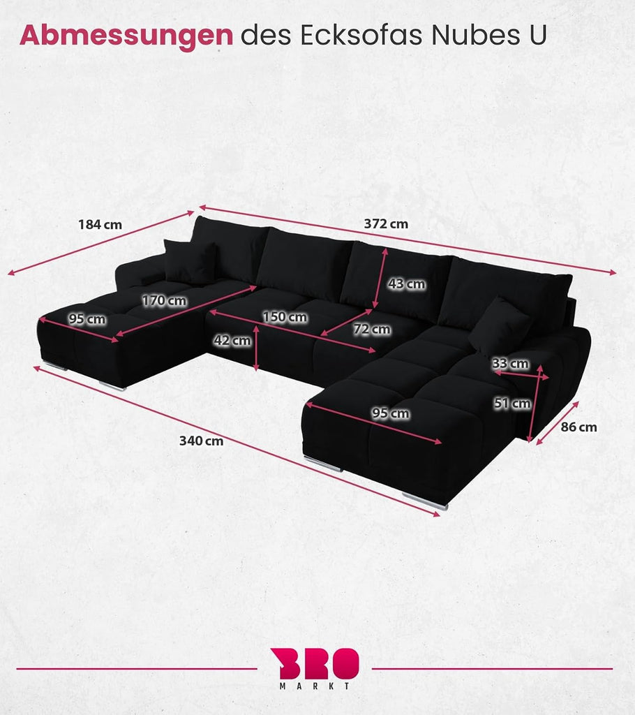 BROMARKT NUBES U Ecksofa mit Schlaffunktion und Bettkasten 372x184x85 cm Graphit