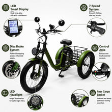 Laden Sie das Bild in den Galerie-Viewer, ZRLYbau Elektro Dreirad Für Erwachsene 24 Zoll 7 Gang Fat Tire E-Bike Grün